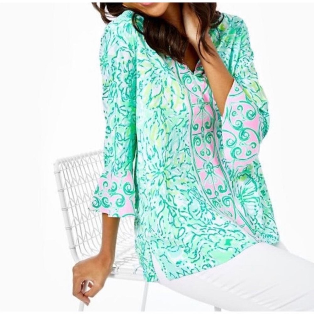 Lilly Pulitzer Green Pink Keona Tunic Resort Aqua Hopelessly Devoted Top Medium